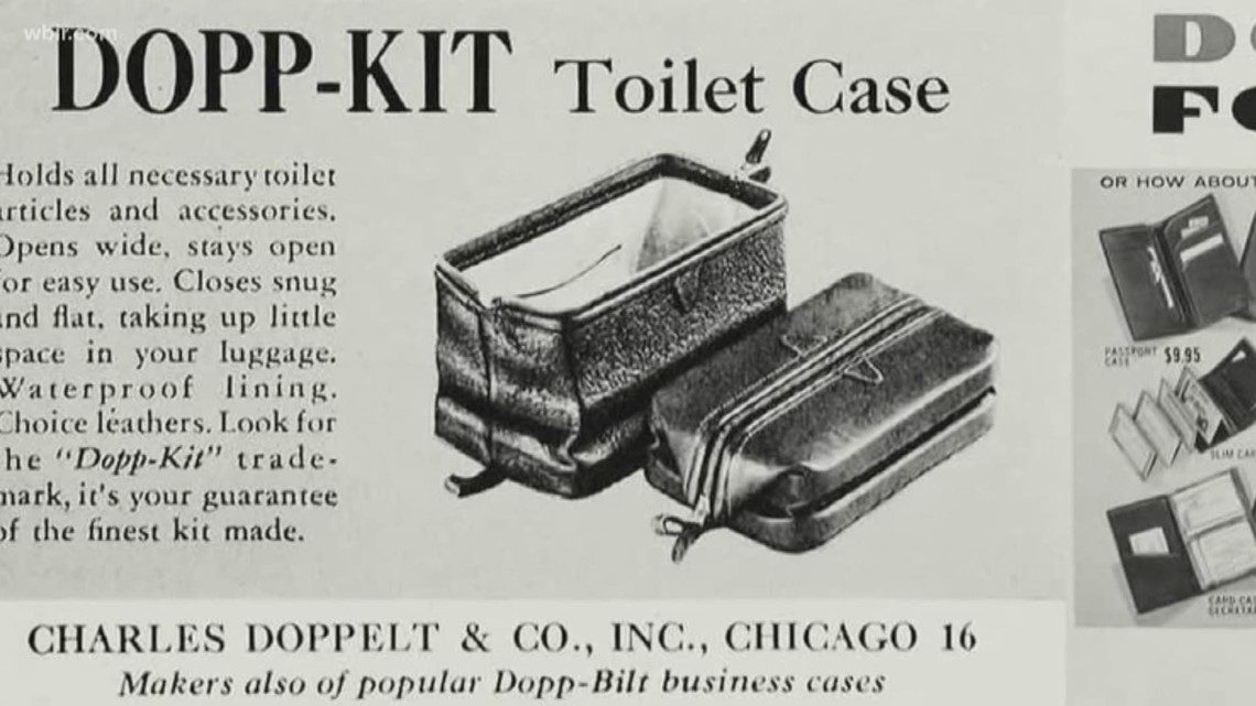An original 1948 black and white print advert for the Dopp Kit Toilet Case by Charles Doppelt