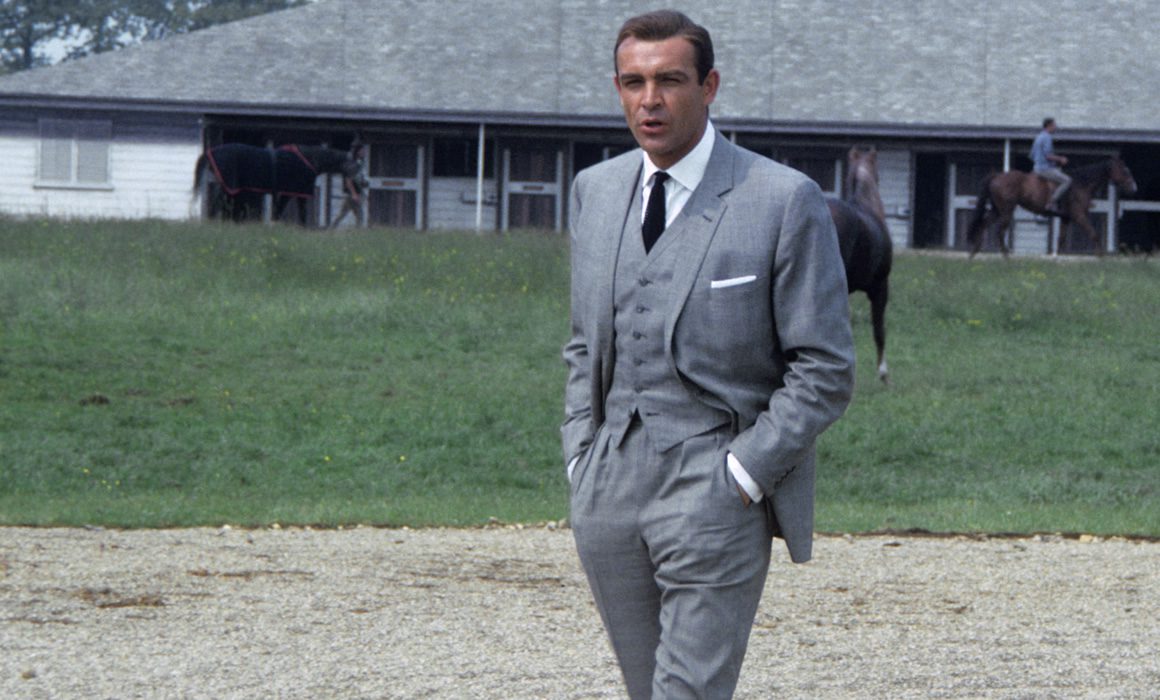 Sean Connery as 007 wearing Glen Plaid Three-Piece Suit in Goldfinger