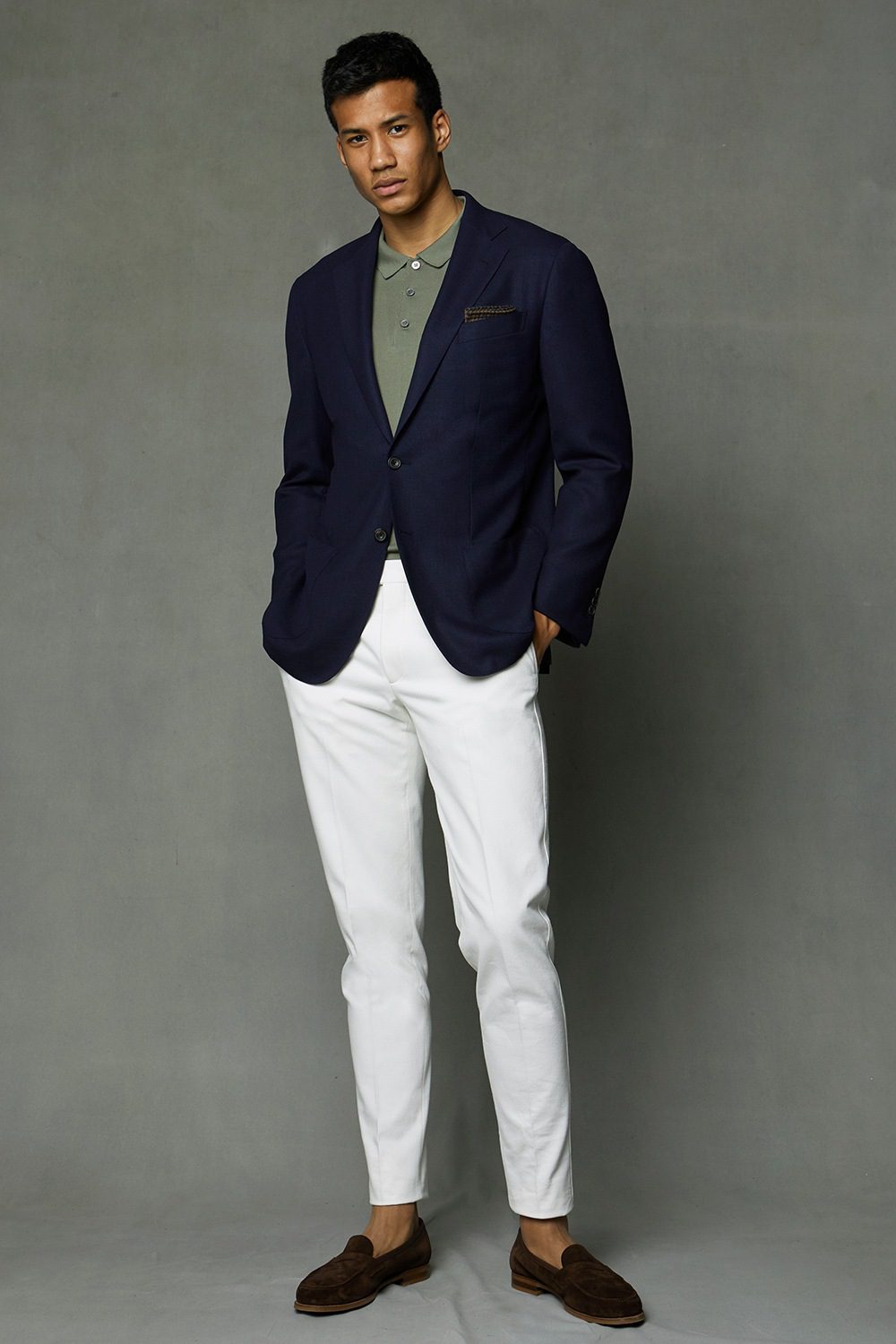 Navy blue blazer with white pants