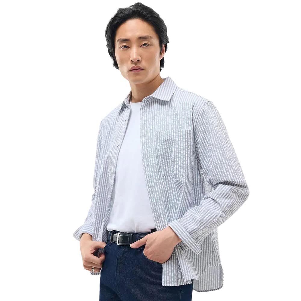 【BAON】[unisex] Shudel Summer Seersucker Check Over Shirt Women's Vacationland Seersucker Shirt, Short-Sleeve Popover